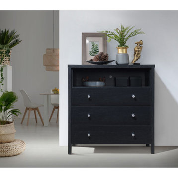 Modern Vertical Dresser, 3 Spacious Drawers & Open Compartment, Black Finish