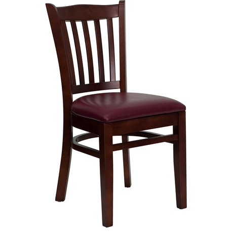 HERCULES Vertical Slat Back Mahogany Wood Restaurant Chair, Burgundy Vinyl Seat