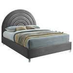 Meridian Furniture - Rainbow Velvet Upholstered Bed, Gray, Queen - There's a lot to fall in love with when it comes to this Rainbow queen-size velvet bed. This stunning bed is fit for an MVP with its rich grey velvet upholstery covering the headboard, side rails and foot board. This bed rests on thick white acrylic legs for added support and features deep channeled tufting on the headboard for a textural look that's dramatic and elegant all at once.