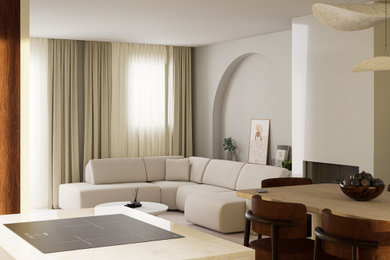 Exemple d'un grand salon beige et blanc tendance avec un mur beige, parquet clair, une cheminée standard, un manteau de cheminée en plâtre et un sol beige.