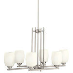 Kichler - Chandelier 6-Light, Brushed Nickel, Incandescent - Named after famed furniture designer Eileen Gray, The Eileen Collection features a clean, straight linear construction with simple glass for a style that is as unique and contemporary as Eileen Gray's. The fresh, weightless elegance of our Brushed Nickel finish complements the white etched glass perfectly to give the Eileen Collection added ambiance that is ideal for today's ever-evolving aesthetic. The 6-light chandelier uses 100-watt (max.) bulbs and measures 30in. long and 18in. high. It comes complete with 89in. of lead wire for easy installation while the glass may be installed either up or down allowing for additional lighting versatility.