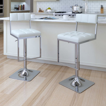 CorLiving Square Tufted Adjustable Barstool in White Leatherette, Set of 2