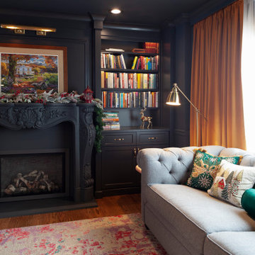 Monochromatic Fireside Elegance: A Radiant Transformation with Built-in Shelving