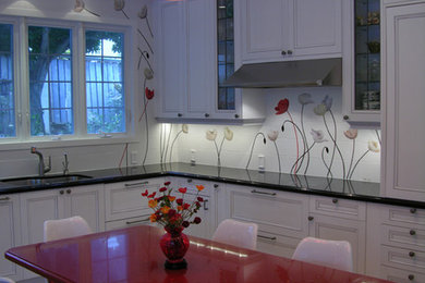 Mid-sized trendy orange floor kitchen photo in Hawaii with marble countertops, white backsplash and an island