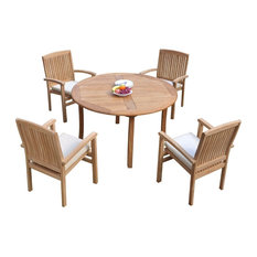 5-Piece Outdoor Teak Dining Set: 48" Round Table, 4 Wave Stacking Arm Chairs