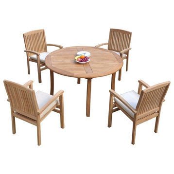 5-Piece Outdoor Teak Dining Set: 48" Round Table, 4 Wave Stacking Arm Chairs