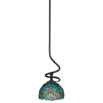 Capri Stem Mini Pendant In Matte Black Finish With 7" Turquoise Cypress Art