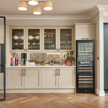 Green Shaker Kitchen, Cream Bar area, Utility and Walk in Wardrobe