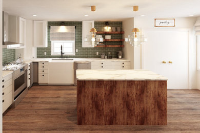 Example of a mid-sized country l-shaped vinyl floor and brown floor eat-in kitchen design in New York with a farmhouse sink, shaker cabinets, white cabinets, quartz countertops, green backsplash, glass tile backsplash, stainless steel appliances, an island and white countertops