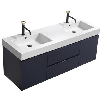 Bliss 60" Double Sink Blune Wall Mount Modern Bathroom Vanity