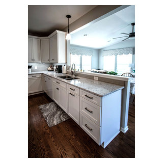 White Shaker Kitchen w/ Pietra Quartz Countertop and Gray Subway Tile ...