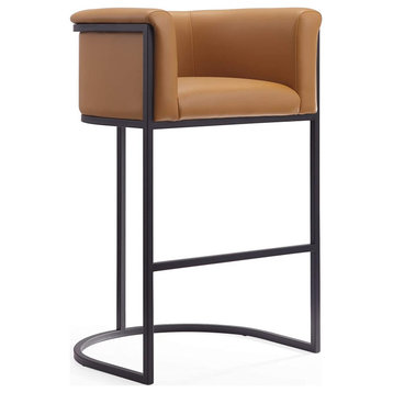Modern Bar Stool, Square Design With Metal Frame & Camel Faux Leather Seat