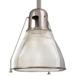 Hudson Valley Lighting - Haverhill Pendant, Satin Nickel, 8" - Embossed with sleek vertical ribbing, Haverhill's clear glass refracts brilliant light across its prismatic shade. The collection's vintage marine details bring the lively spirit of the open sea to inland and coastal estates alike. Slender spider arms secure Haverhill's metal-rimmed diffuser plate, while details such as the knurled thumbscrews display our commitment to authenticity.