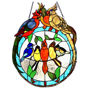 Songbird Tiffany-Glass Featuring Birds Resting On Wire Window Panel 19X25