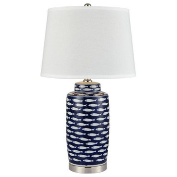 Navy Blue Table Lamp White Fish Pattern White Shade made of Ceramic-Metal in a