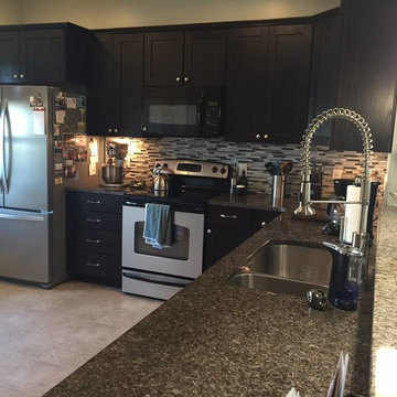 Dark Espresso Shaker Cabinets with Mosaic Tile Backsplash