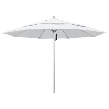 11' Silver Anodized Pulley Lift Fiberglass Rib Aluminum Umbrella, Olefin, White