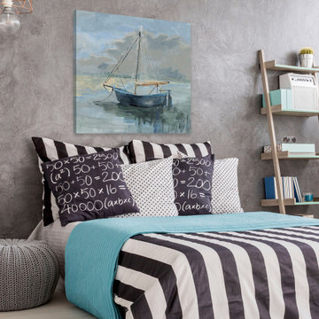 "Anchored Blue Boat" Painting Print on Wrapped Canvas