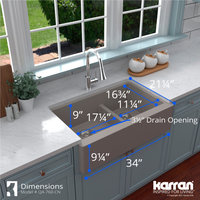 Karran Farmhouse/Apron-Front Quartz 34" Double Offset Bowl Sink, Concrete