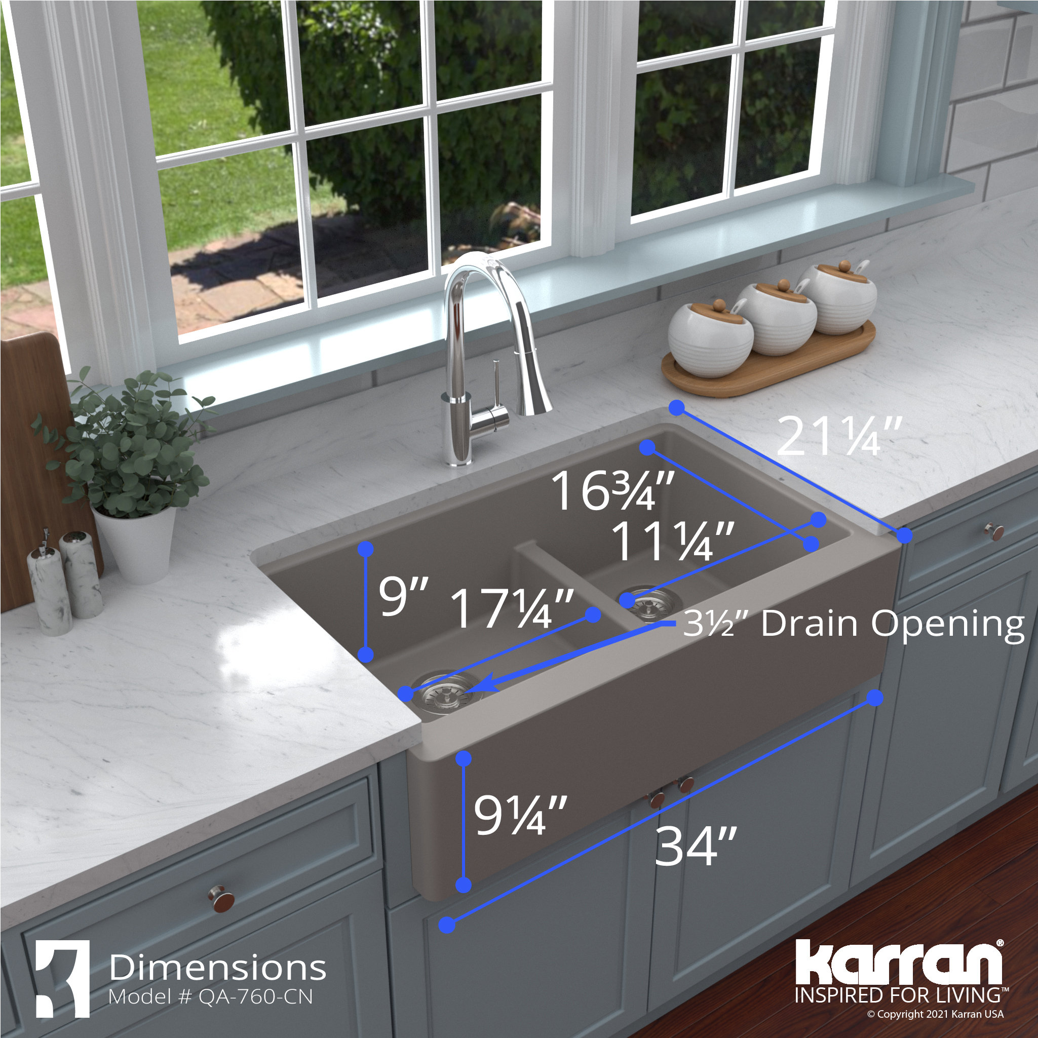 Karran Farmhouse/Apron-Front Quartz 34" Double Offset Bowl Sink, Concrete