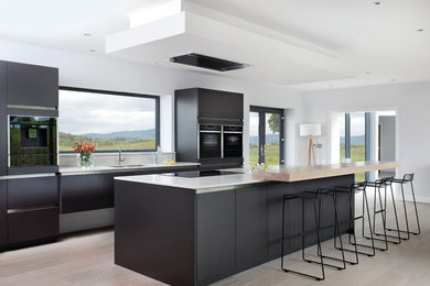 Photo of a large modern galley kitchen in Other with a double-bowl sink, flat-panel cabinets, black appliances and with island.