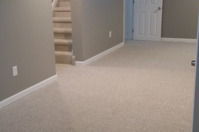 Inspiration for a mid-sized timeless look-out carpeted basement remodel in New York with gray walls