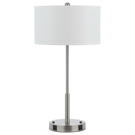 60W Metal Lamp with 2 Outlets, Brushed Steel Finish, White Shade