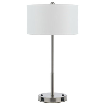 60W Metal Lamp with 2 Outlets, Brushed Steel Finish, White Shade
