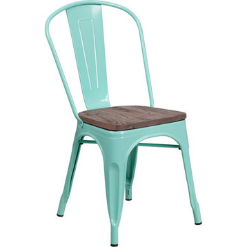 Metal Stackable Chair With Wood Seat, Mint Green