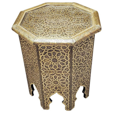 Moroccan Octagonal Traditional Metal Inlaid Side Table with Gold Finish