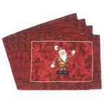 Tache Home fashion - Here Comes Santa Claus Vintage Woven Tapestry Red Christmas Festive Placemats - Liven up your dining tables and kitchen space with these bright and festive linens to fill your home with the holiday spirit. This place mat features Santa Claus in red and green in the center surrounded by a deep red background with small black swirly details all around the placemat and a thin white border. The back of the placemat is a solid red to complement the front.