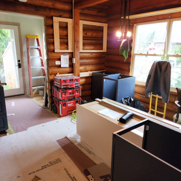 Log Cabin kitchen During Cabinet Installation