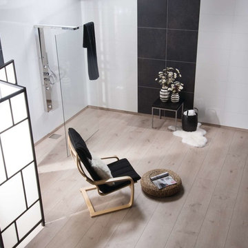 Large format tile-looking shower and bathroom wall panels in a contemporary wet