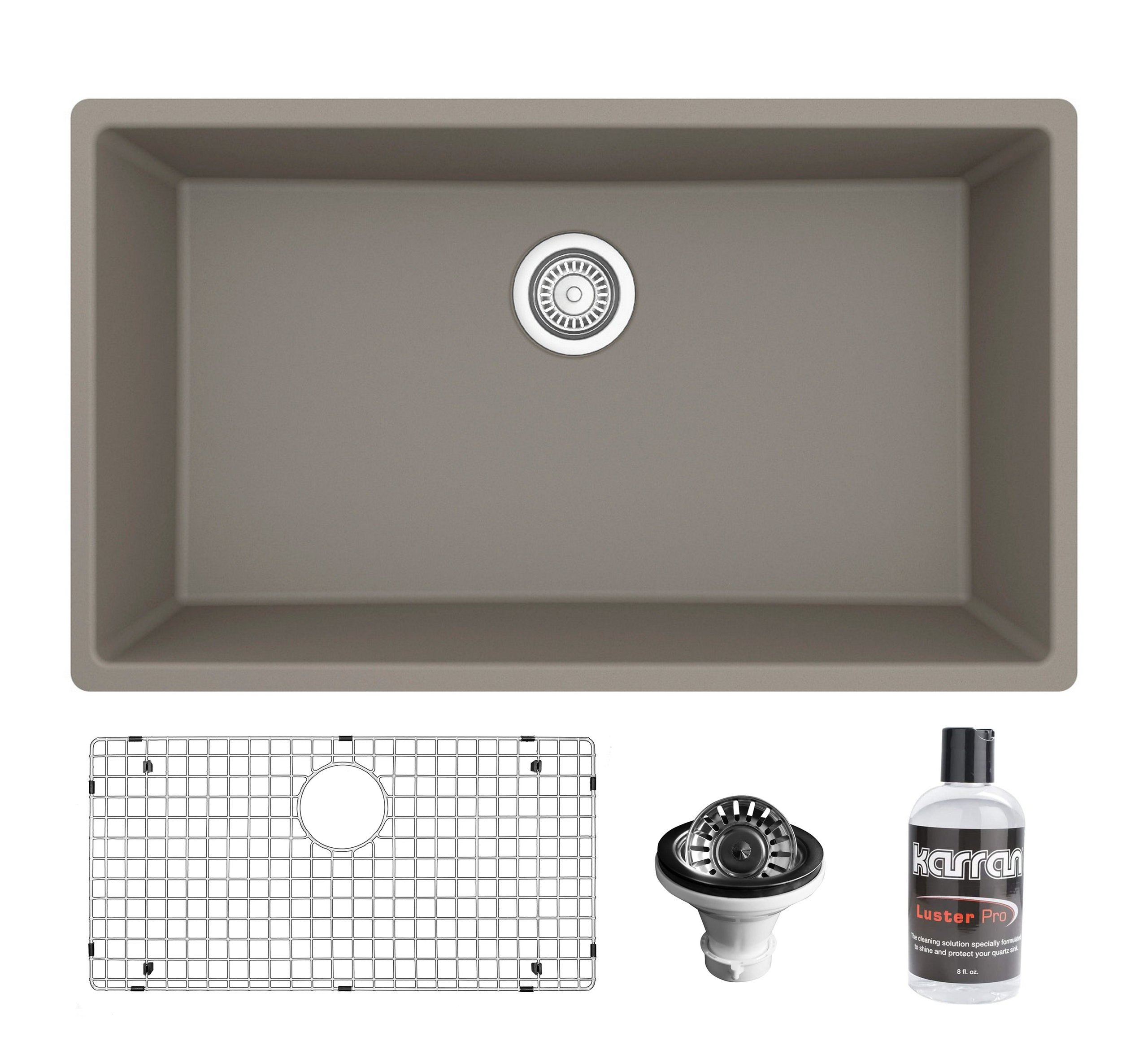 Karran QU-812 Undermount 32.5" Large Single Bowl Quartz Sink Kit, Concrete