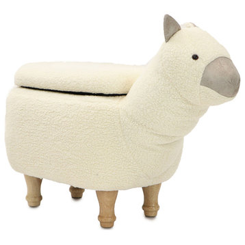 15" Seat Height Plush Animal Shape Storage Ottoman Furniture White Llama