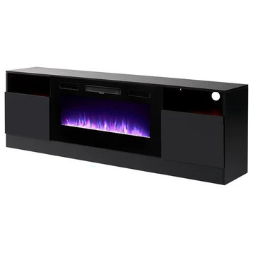 Minimalistic TV Stand, Fireplace & Side Open Shelves With LED Lighting, Black