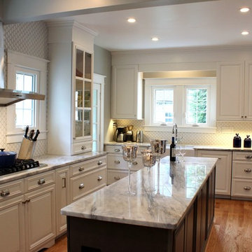 Transitional Kitchen With White & Gray Cabinets and Quartzite Countertop