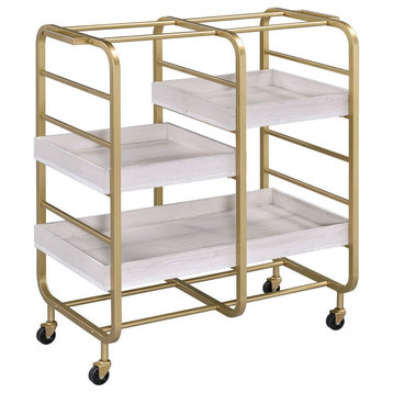 Kitchen Serving Cart, Metal Frame With 3 Tray Style Shelves, Gold/White Washed