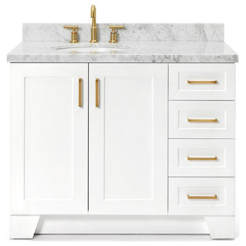 Ariel Taylor 43" Left Oval Sink Bath Vanity, White, 1.5" Carrara Marble