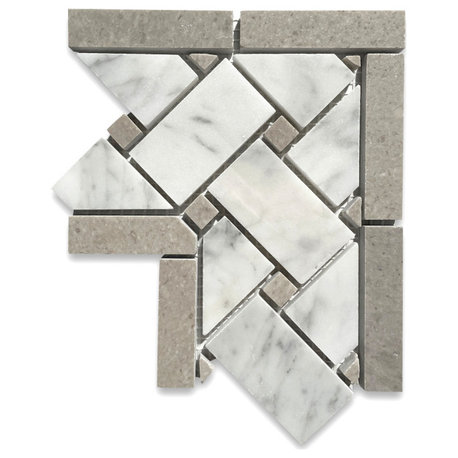 Carrara White Marble 4x4 Basketweave Mosaic Corner Gray Dots Polished, 1 sheet
