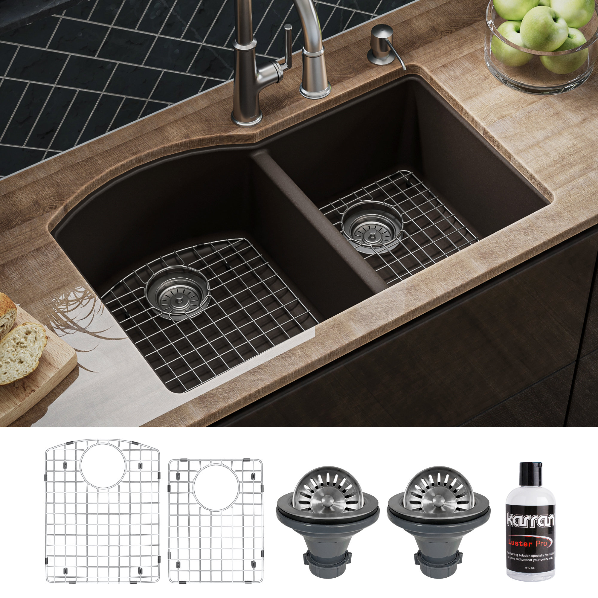 Karran Undermount Quartz 32" 60/40 Double Bowl Kitchen Sink Kit, Brown