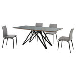 Armen Living - Urbino Lyon 5 Piece Dining Set With Gray Fabric Chairs - Entertain like a pro with the Urbino Lyon 5-piece dining set from Armen Living. This set includes the Urbino dining table and 4 Lyon dining chairs. The Lyon Dining Chair maintains its geometric shape and sharp lines, which create its simplistic look. The enhanced fabric is durable and tough on messes, but soft and smooth on your body - keeping you relaxed and comfortable while you're seated. The Lyon presents a thick and plush foam-padded cushion which will leave you in your seat all day. The high back offers excellent lumbar support that keeps your back properly aligned and feeling great. This stylish steel table features a matte black finish frame and a top that features a combination of walnut wood and glass. This brilliant combination of materials makes the Urbino a truly original product without compromising on the table's practical function. The Urbino's elegant base design features floor protectors, assuring that the table will not damage floors when moved. The foundation of the product is supported by wood and metal for a sturdy and stylish aesthetic without comprising practicality and functionality of this item. The sleek and smooth glass top add a touch of glam mix with sophisticated modern look. The Urbino Lyon dining set is available as a 5-piece set and features a beautiful black metal finish, gray fabric upholstery and walnut wood accents complimented by a glass tabletop.
