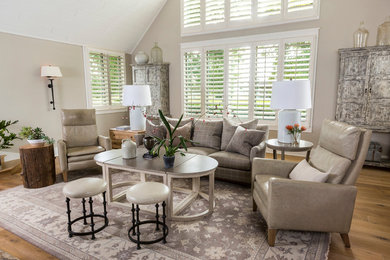 Inspiration for a large transitional formal open concept living room in Other with grey walls and light hardwood floors.