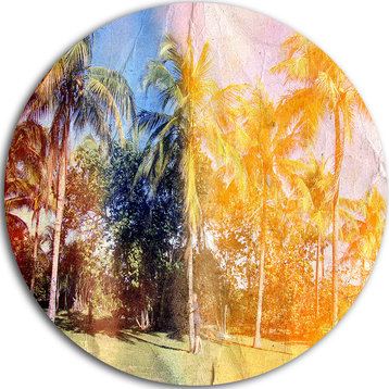 Retro Palms In Yellow Shade, Landscape Painting Disc Metal Artwork, 36"