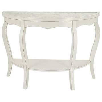 Gallerie Decor Antiqued Carved Transitional Wood/Glass Console Table in White