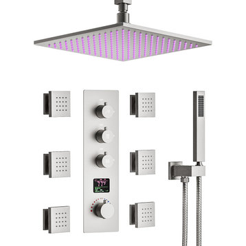 Thermostatic 3-Colors LED Shower Head Shower System with Rough-in Valve, Brushed Nickel, 12"