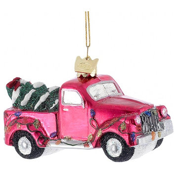 Kurt Adler Noble Gems Red Pickup Truck with Tree Holiday Ornament Glass