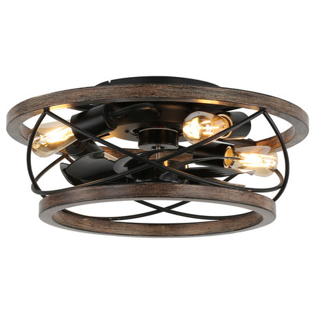 18" 4-Light Farmhouse Drum Solid Wood Flush Mount Ceiling Fan with Lights, Weathered Wood