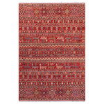 Bareens Designer Rugs - Khurgeen Rosalie Red/Beige Wool Rug 4'11"x6'7" - Designed with a mesmerizing intricate transitional and geometric motif this glorious hand-knotted rug made with handspun Ghazni wool is a masterpiece that will fill any space with sophistication and grace. Hand-knotted by skilled artisans in an exhilarating color pallet with an elaborate design, this masterpiece features luxurious hand-spun wool with all vegetable dyes to add comfort and style to your decor. The design, color, and beautiful chromatic composition with a sheen in transitional and geometric designs exude beauty, elegance, and quality making this rug an extraordinarily opulent centerpiece for your living space. The intricate designs are known as Khurgeen, Khorgeen, or Khorjin range are inspired by the patterns from ancient tribal bags. An infusion of bold, saturated color gives this traditional hand-knotted rug a fresh perspective and modern appeal. Most desired due to its versatility in design and affordability this handmade rug is a compelling focal point in any living area.