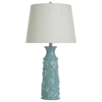 Ceramic Table Lamp Blue Glazed Finish Light Grey Shade